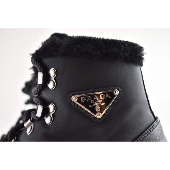 Prada Brixxen 38 Black Shearling Leather Nylon Lug Sole Lace Up Hiking Boot 40.5 - Picture 16 of 16